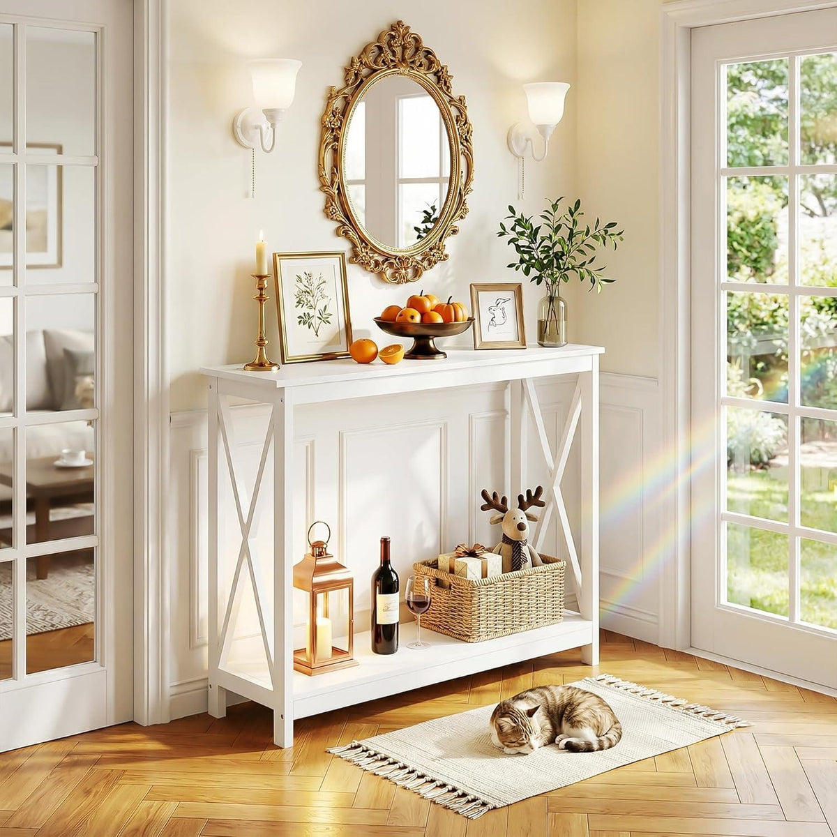 2-Tier X Design Console Table, Farmhouse Entryway Sofa Table, Espresso Accent Shelf