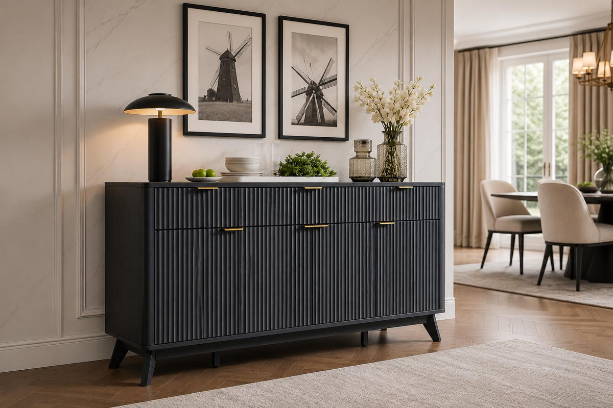Modern Fluted Buffet Cabinet, Faux Marble Top Sideboard, 60-inch Storage, Dining Room Furniture