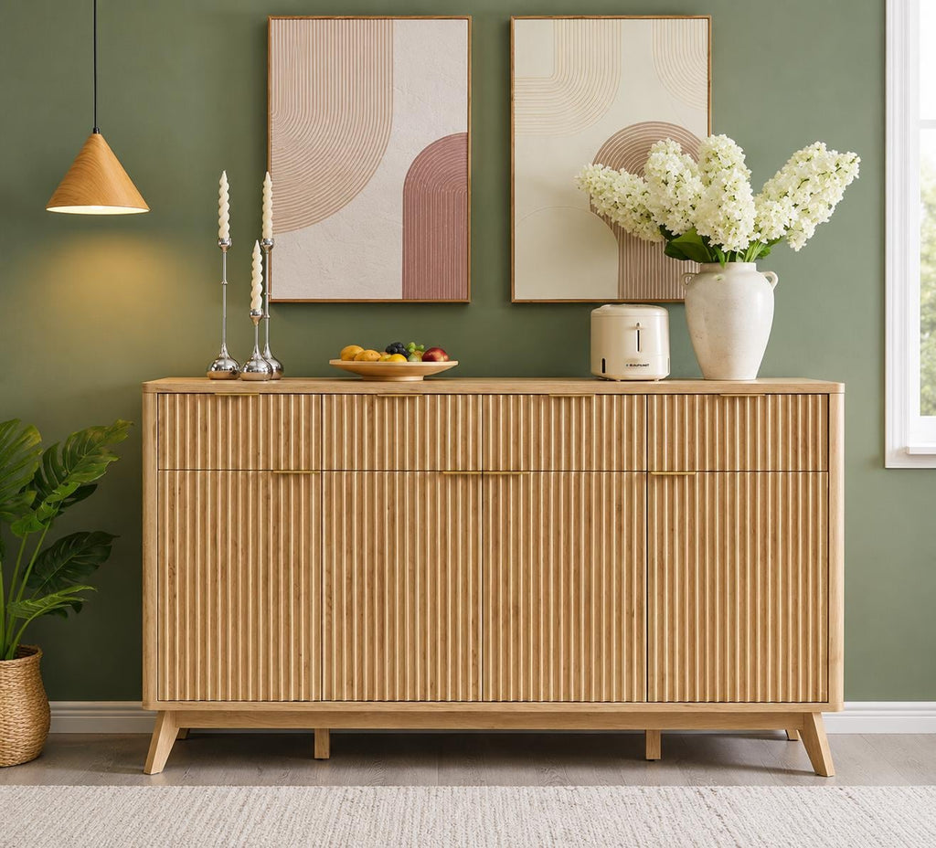 Modern Fluted Buffet Cabinet, Faux Marble Top Sideboard, 60-inch Storage, Dining Room Furniture