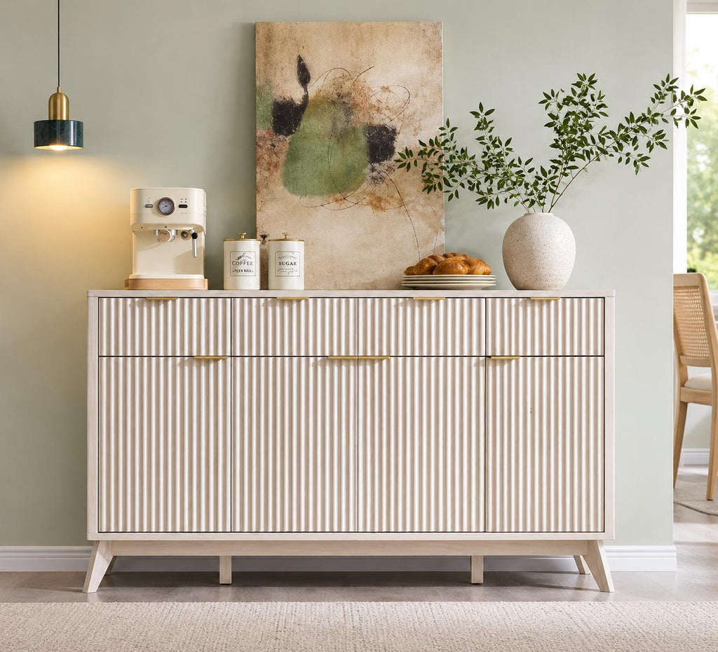 Modern Fluted Buffet Cabinet, Faux Marble Top Sideboard, 60-inch Storage, Dining Room Furniture