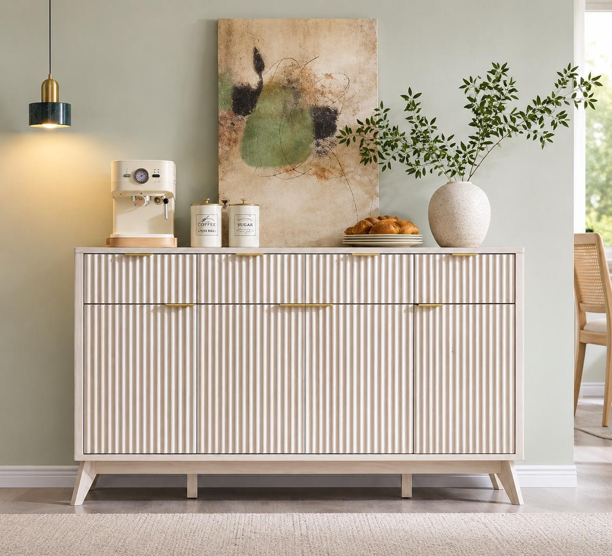 Modern Fluted Buffet Cabinet, Faux Marble Top Sideboard, 60-inch Storage, Dining Room Furniture