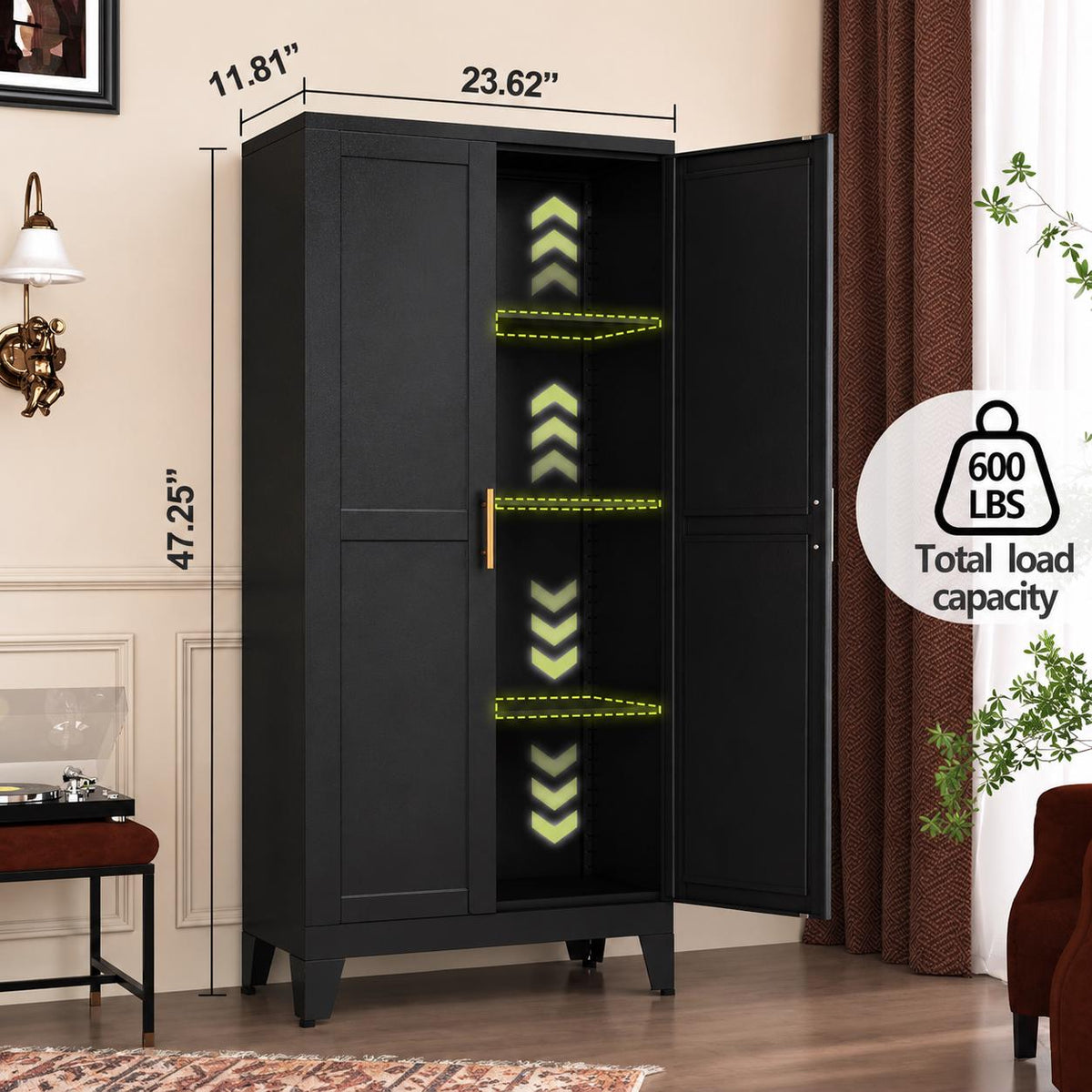 GAIOUS Black Metal Storage Cabinet with 2 Doors & 3 Adjustable Shelves – Heavy Duty Kitchen Pantry, Utility Storage Cupboard for Laundry