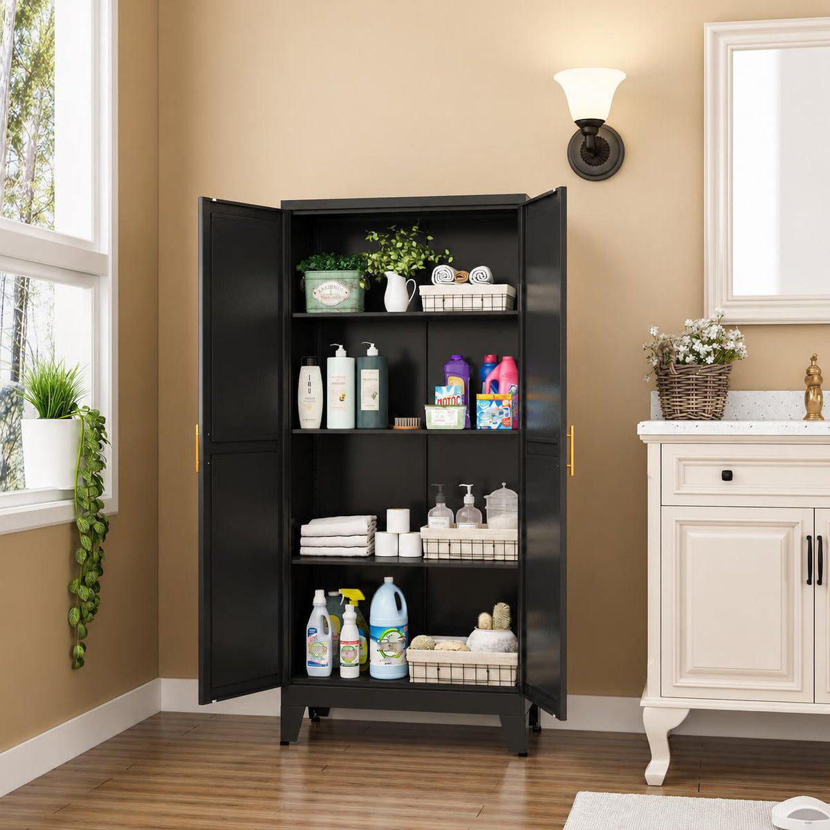 GAIOUS Black Metal Storage Cabinet with 2 Doors & 3 Adjustable Shelves – Heavy Duty Kitchen Pantry, Utility Storage Cupboard for Laundry