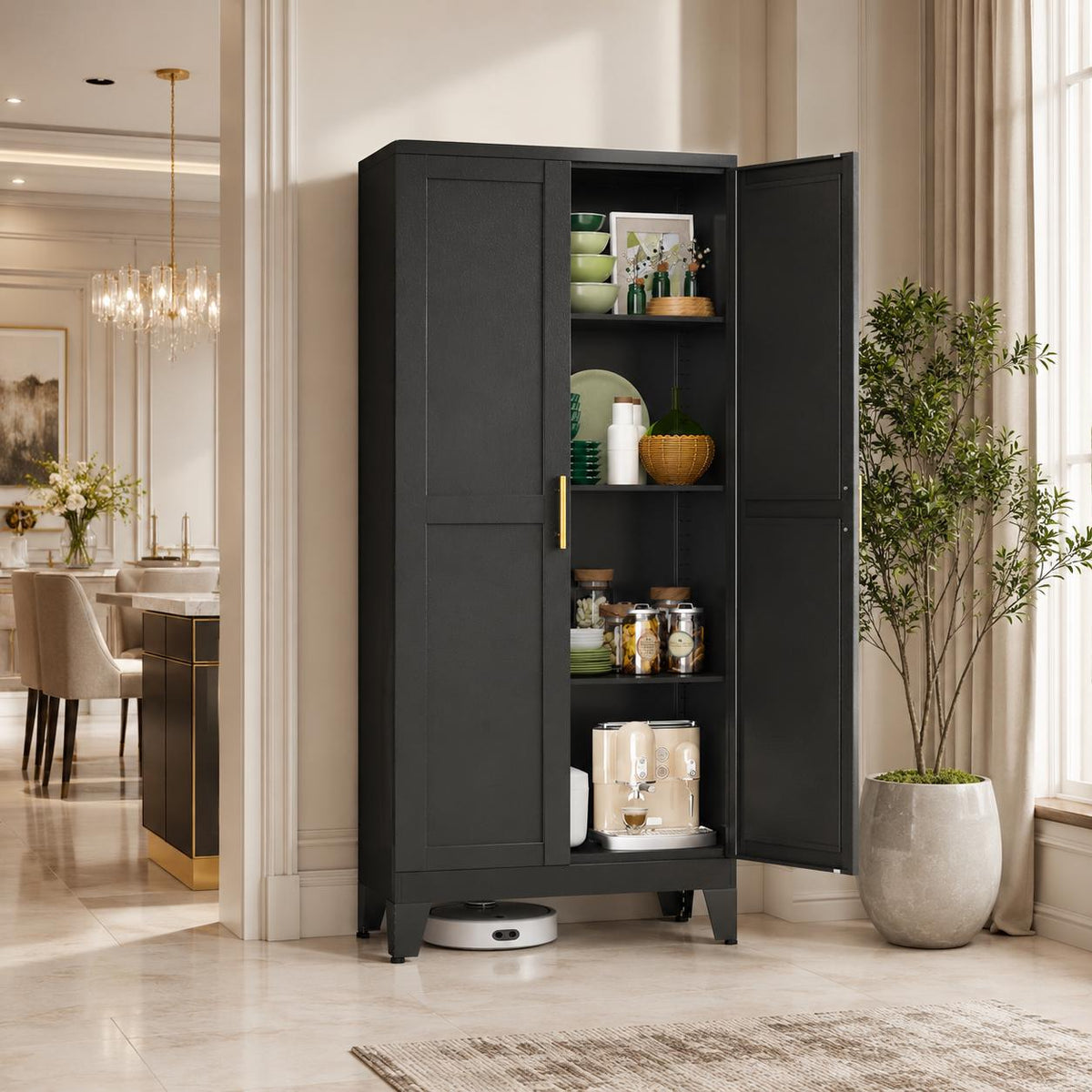 GAIOUS Black Metal Storage Cabinet with 2 Doors & 3 Adjustable Shelves – Heavy Duty Kitchen Pantry, Utility Storage Cupboard for Laundry