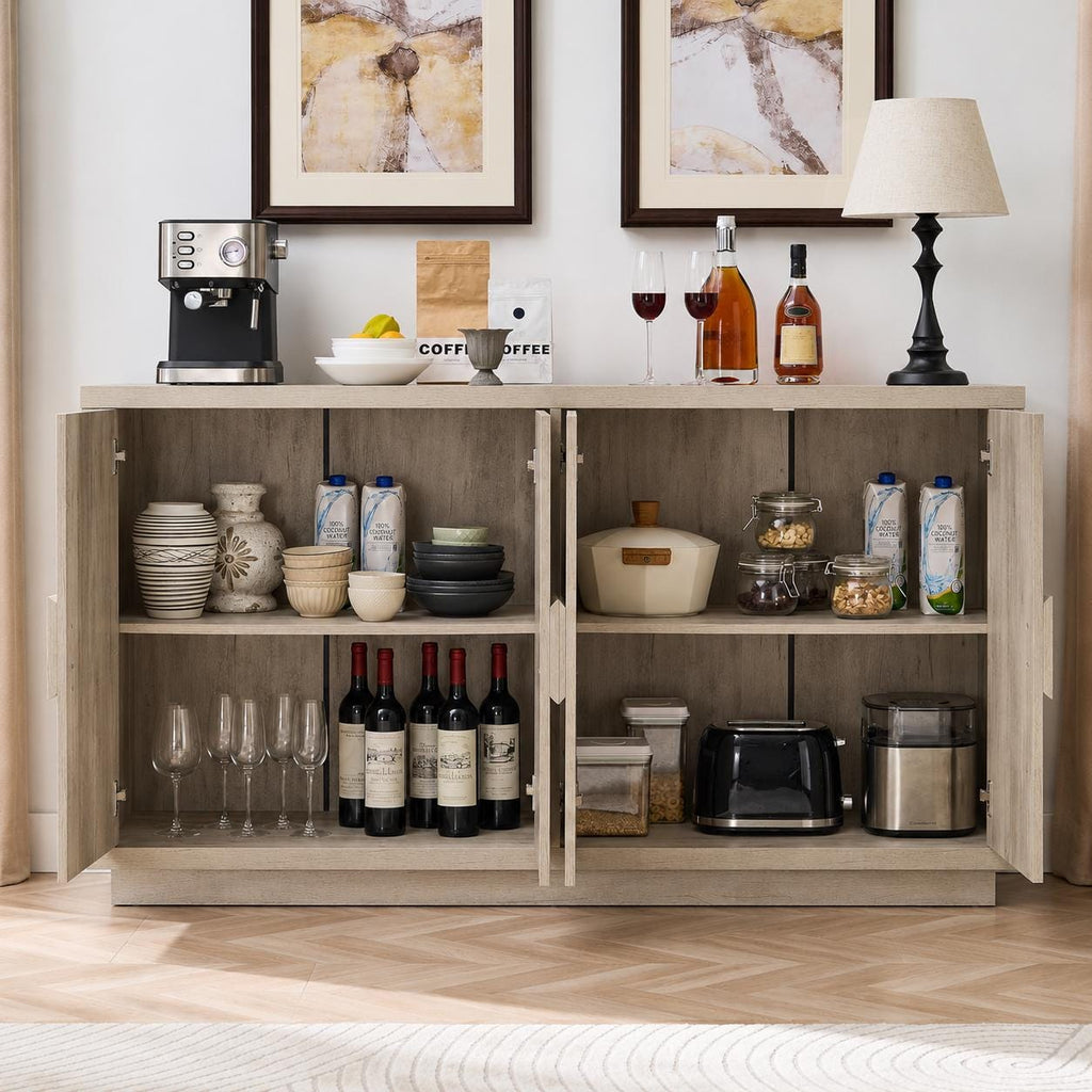 Farmhouse Buffet Cabinet 63 Inch, Light Grey Wood Credenza, Storage Sideboard Console