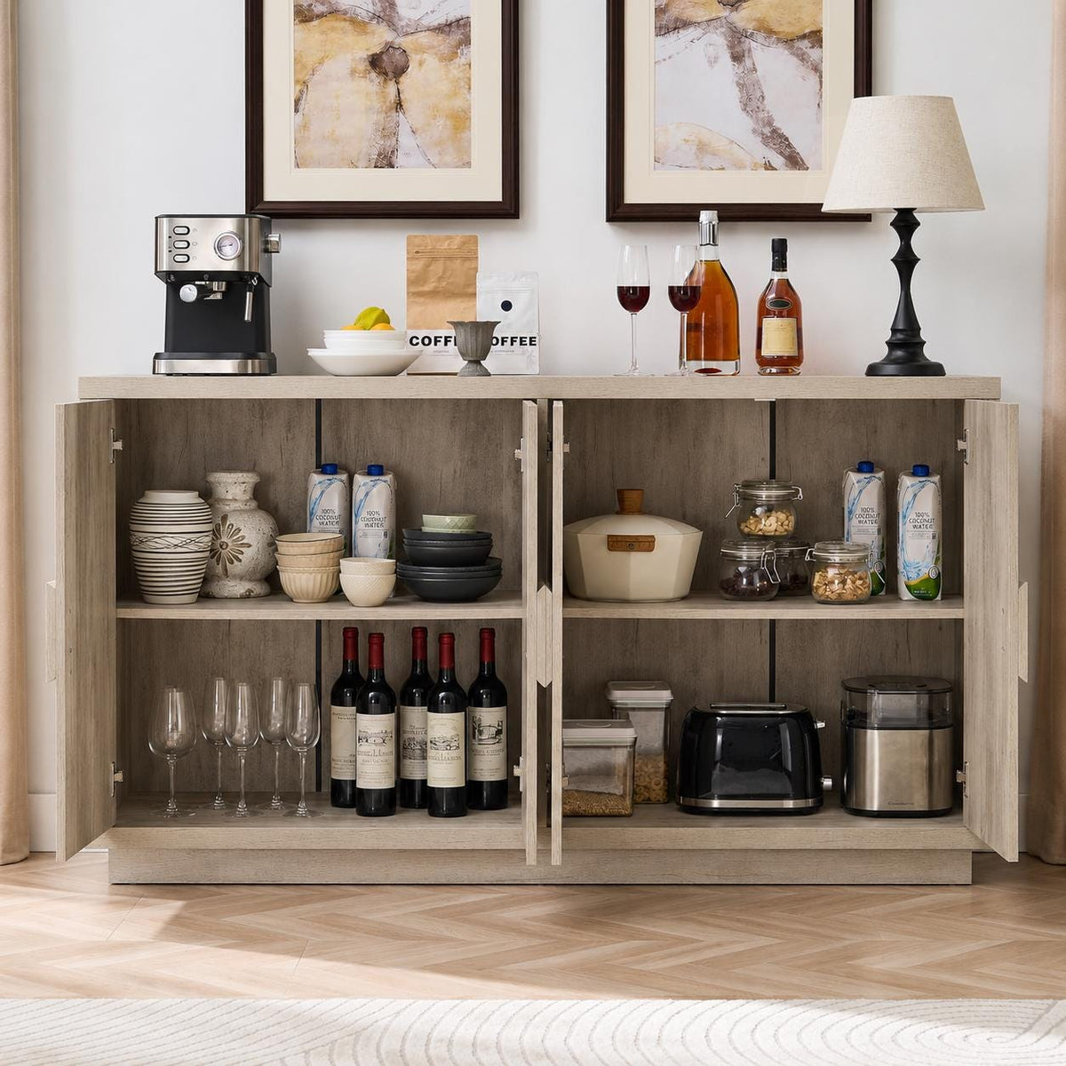 Farmhouse Buffet Cabinet 63 Inch, Light Grey Wood Credenza, Storage Sideboard Console