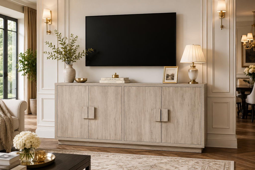 Farmhouse Buffet Cabinet 63 Inch, Light Grey Wood Credenza, Storage Sideboard Console