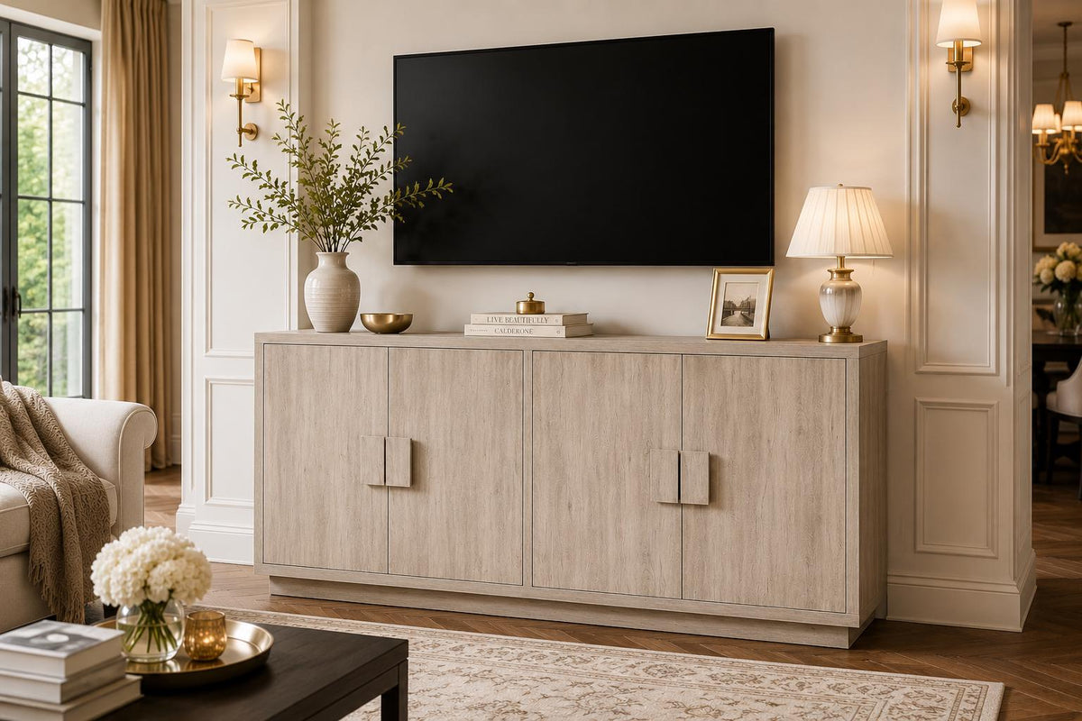 Farmhouse Buffet Cabinet 63 Inch, Light Grey Wood Credenza, Storage Sideboard Console