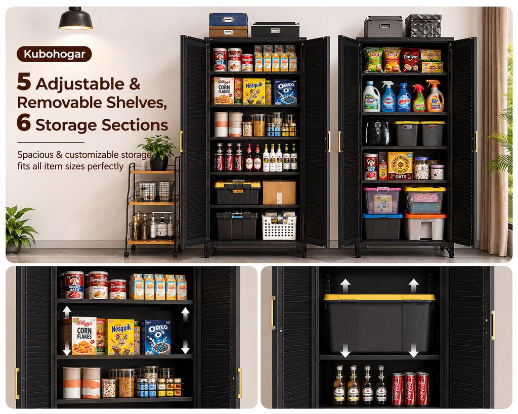 Heavy-Duty Steel Pantry Cabinet – 75" Tall Storage Organizer, Adjustable Shelves, Anti-Tip Safety