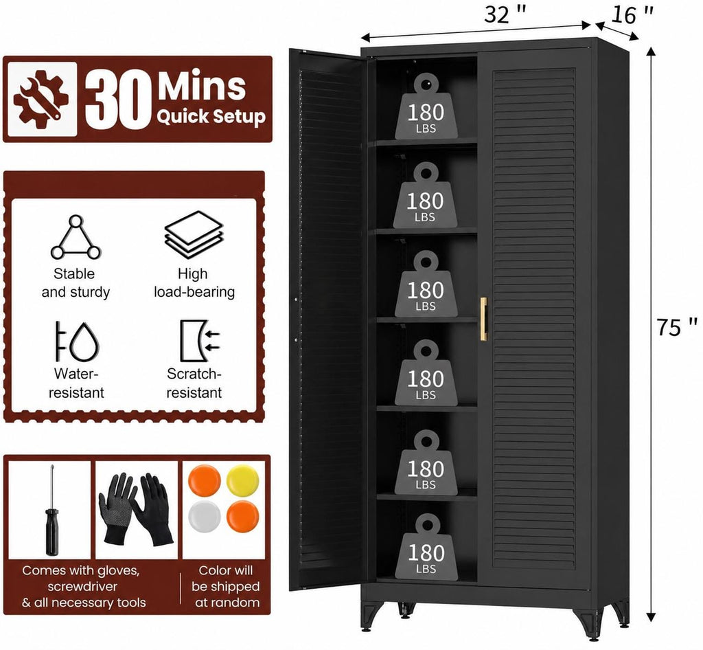 Heavy-Duty Steel Pantry Cabinet – 75" Tall Storage Organizer, Adjustable Shelves, Anti-Tip Safety