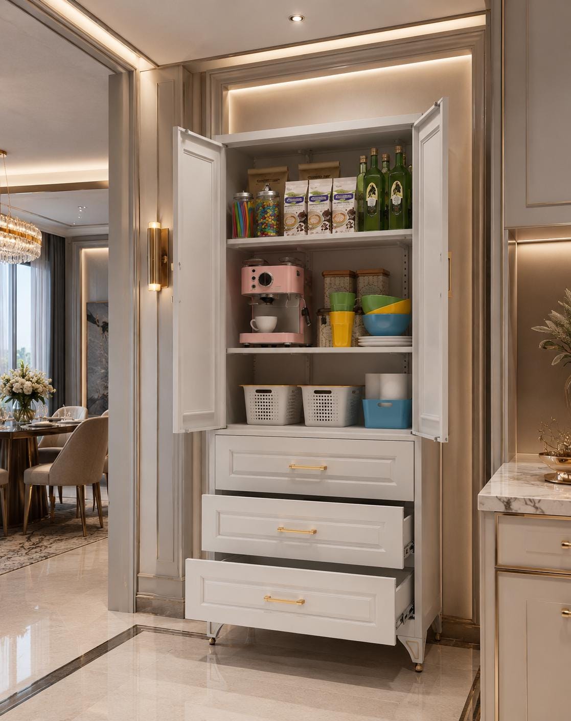 Large Metal Pantry Cabinet with Drawer – Cold Rolled Steel Storage Cabinet with Adjustable Shelves, Anti-Tip Kitchen Organizer,