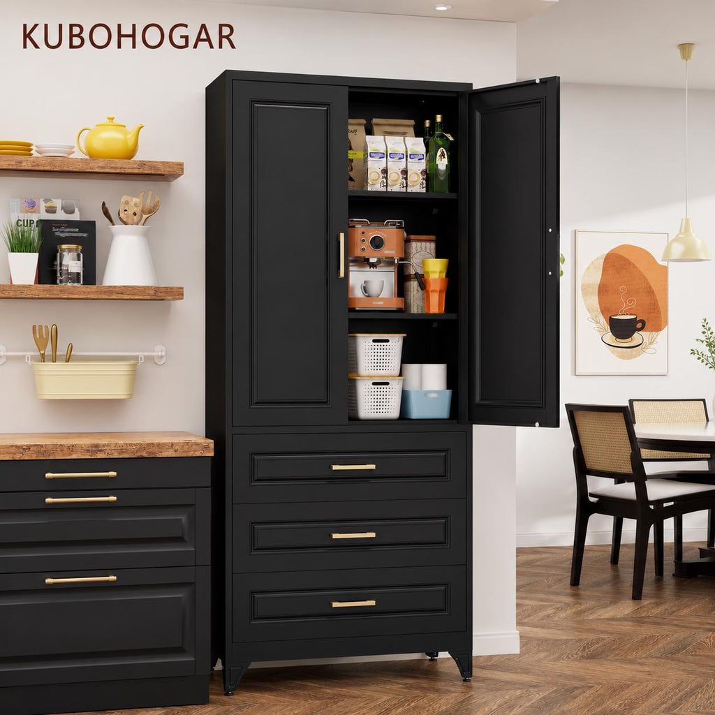 Large Metal Pantry Cabinet with Drawer – Cold Rolled Steel Storage Cabinet with Adjustable Shelves, Anti-Tip Kitchen Organizer,