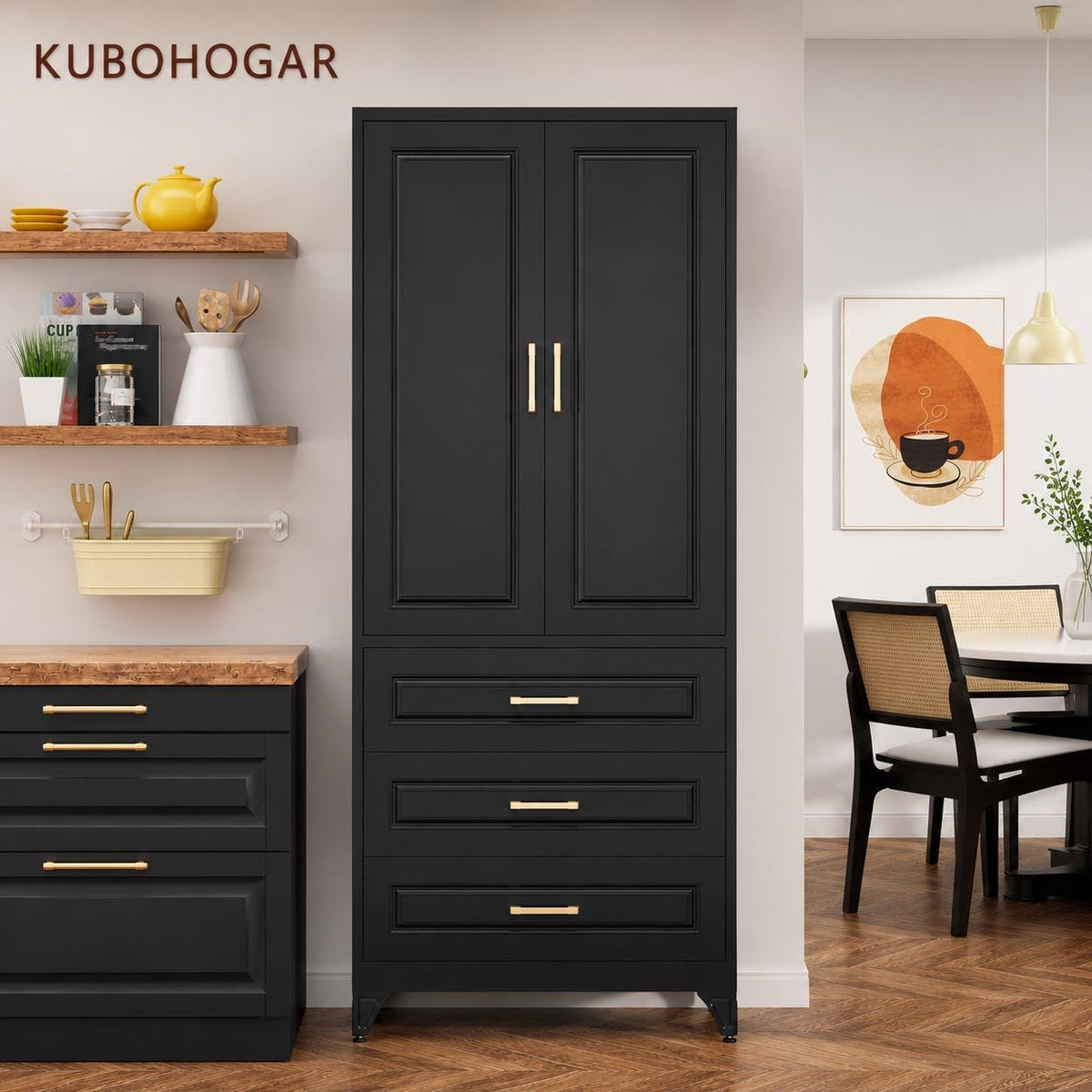 Large Metal Pantry Cabinet with Drawer – Cold Rolled Steel Storage Cabinet with Adjustable Shelves, Anti-Tip Kitchen Organizer,