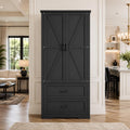 Farmhouse Barn Door Pantry Cabinet, White Kitchen Storage Cupboard with Drawers