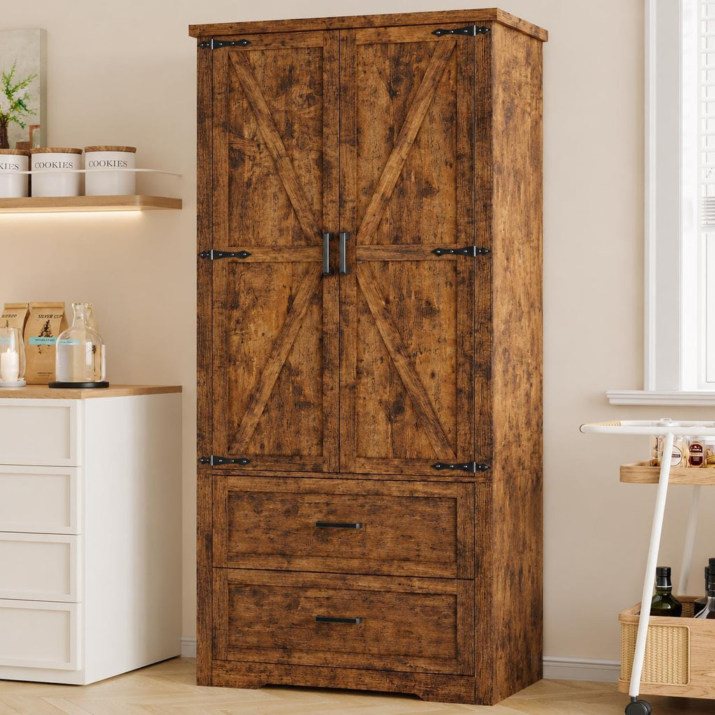 Farmhouse Barn Door Pantry Cabinet, White Kitchen Storage Cupboard with Drawers