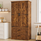 Farmhouse Barn Door Pantry Cabinet, White Kitchen Storage Cupboard with Drawers
