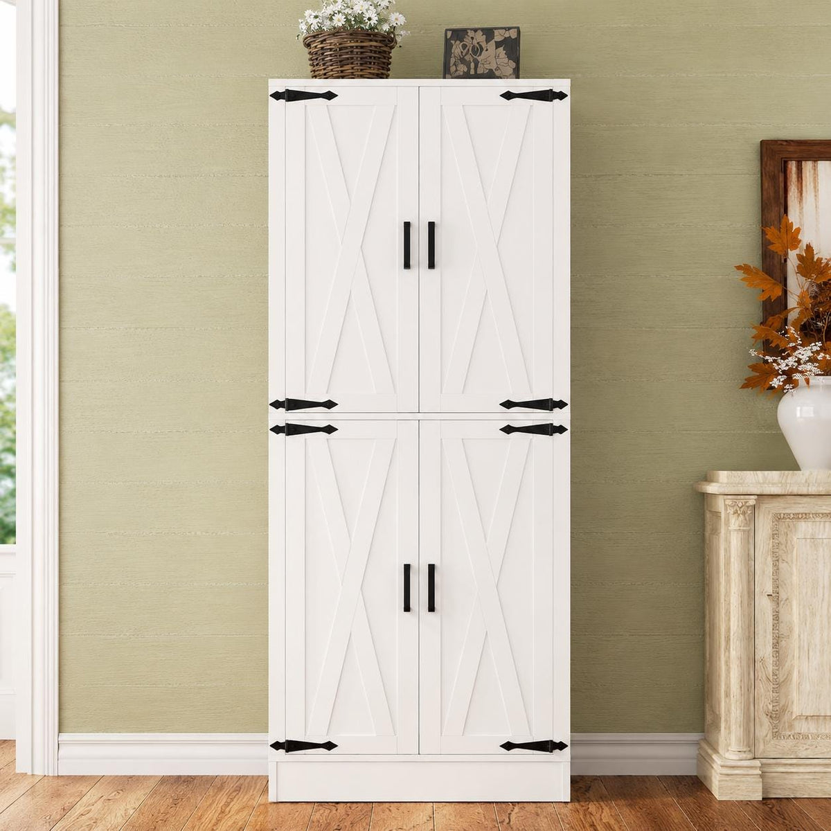 Tall Farmhouse Pantry Cabinet, Rustic Barn Door Kitchen Storage Organizer