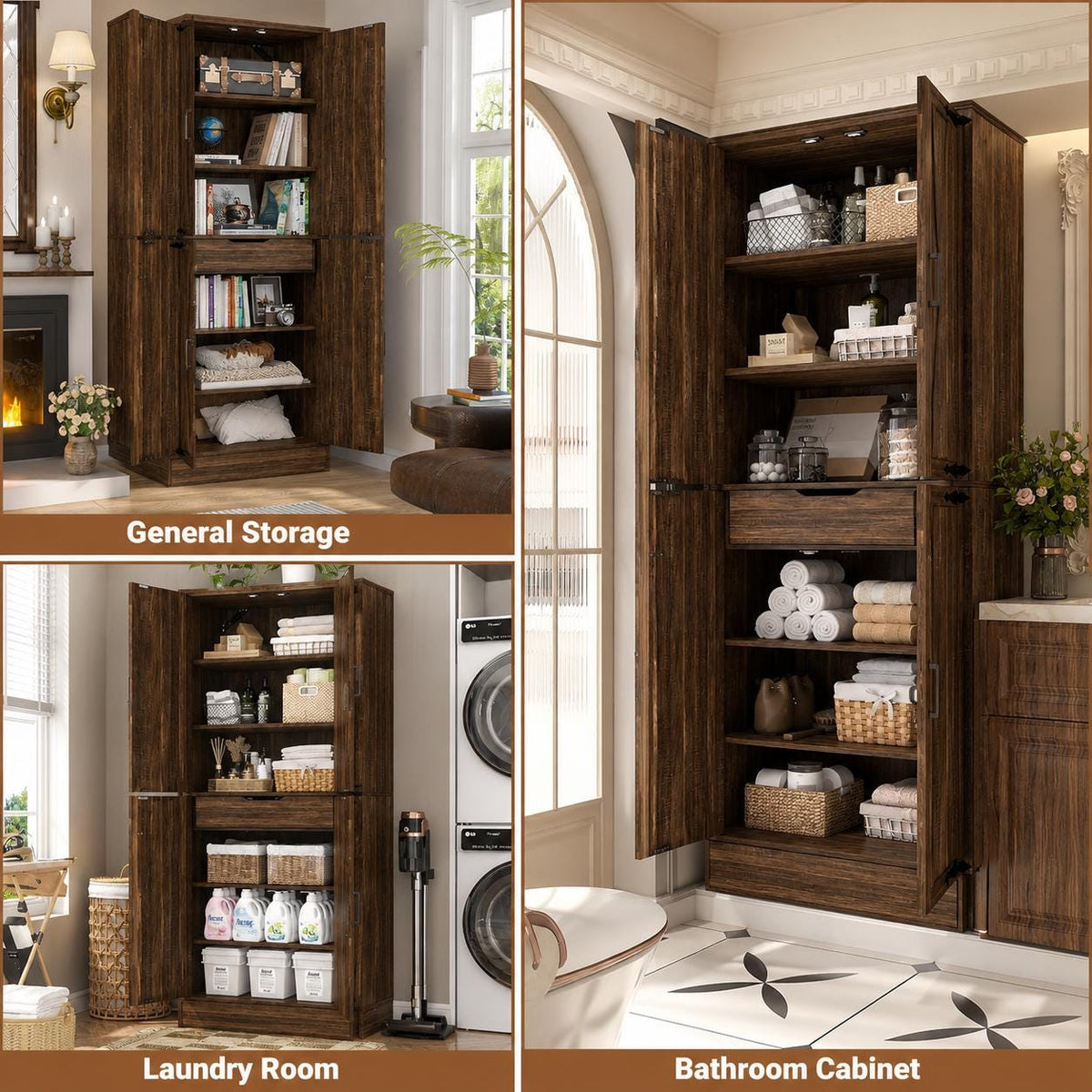 Tall Farmhouse Pantry Cabinet, Rustic Barn Door Kitchen Storage Organizer