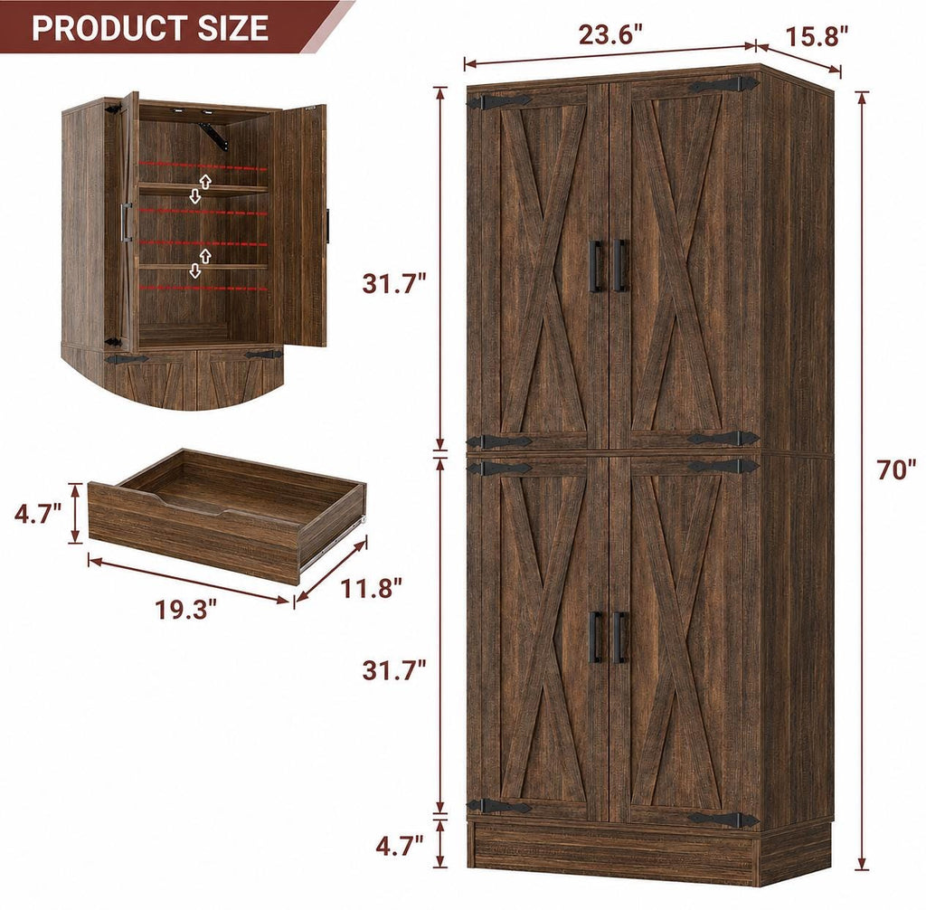 Tall Farmhouse Pantry Cabinet, Rustic Barn Door Kitchen Storage Organizer