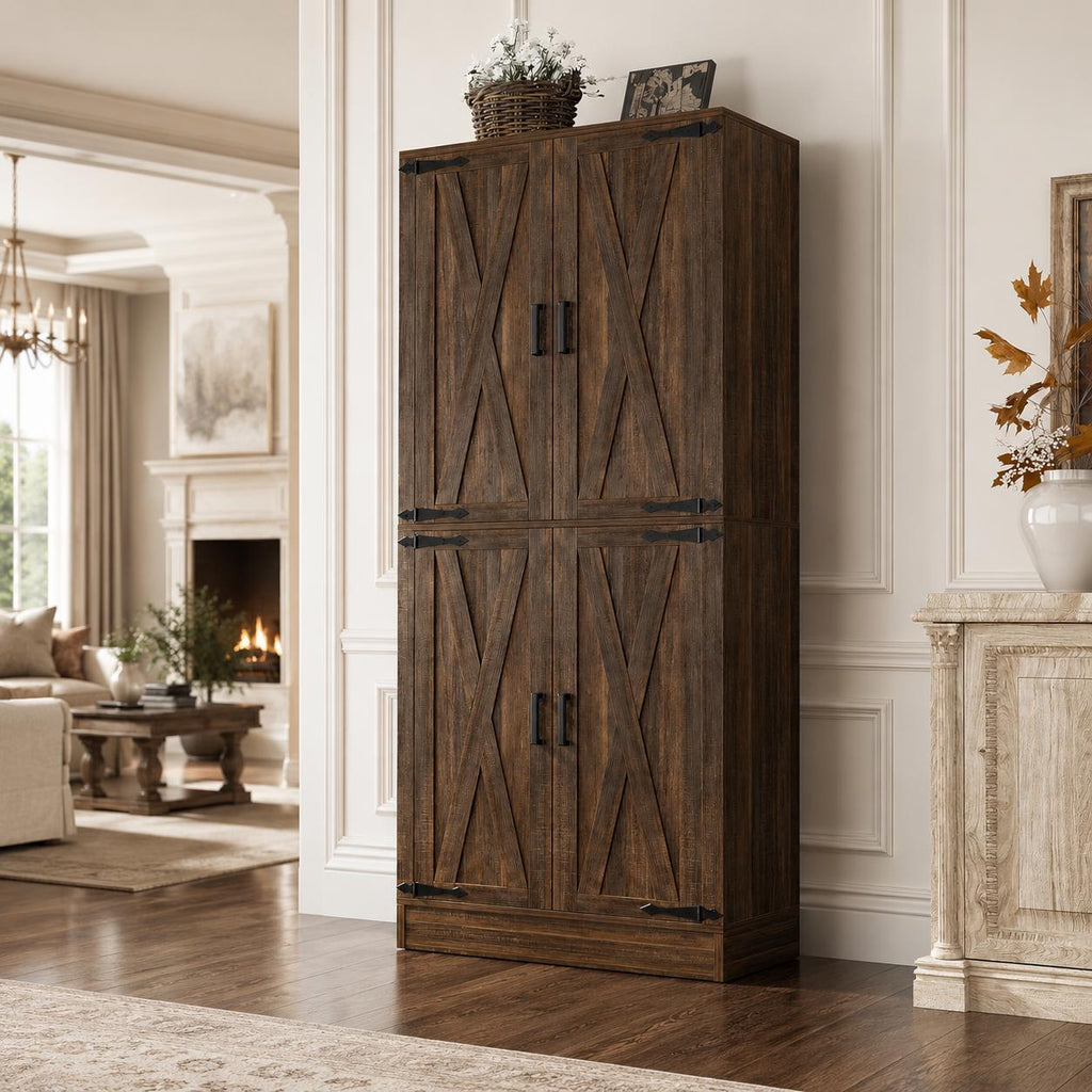 Tall Farmhouse Pantry Cabinet, Rustic Barn Door Kitchen Storage Organizer