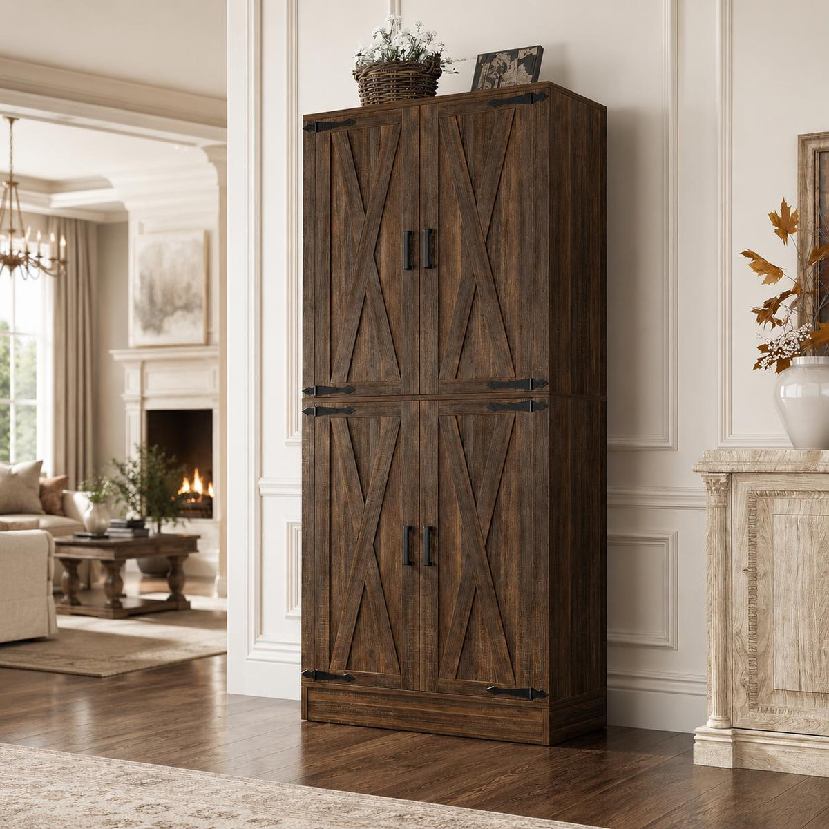 Tall Farmhouse Pantry Cabinet, Rustic Barn Door Kitchen Storage Organizer