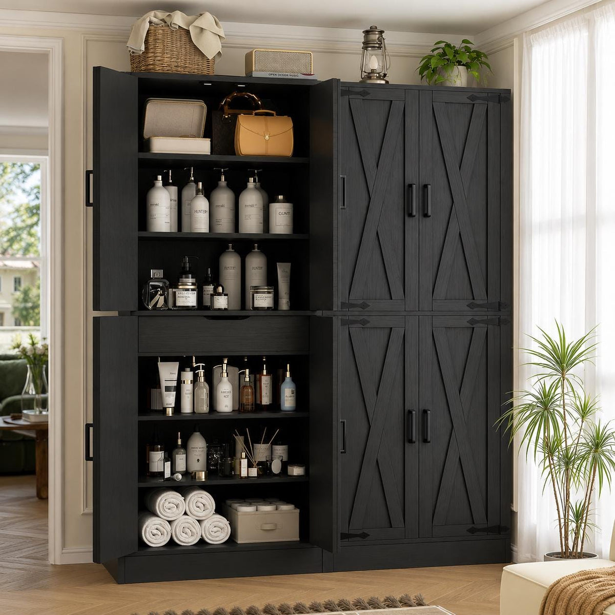 Farmhouse Kitchen Pantry Cabinet with Barn Doors & Hidden Drawer, Rustic Tall Storage Cabinet for Kitchen,