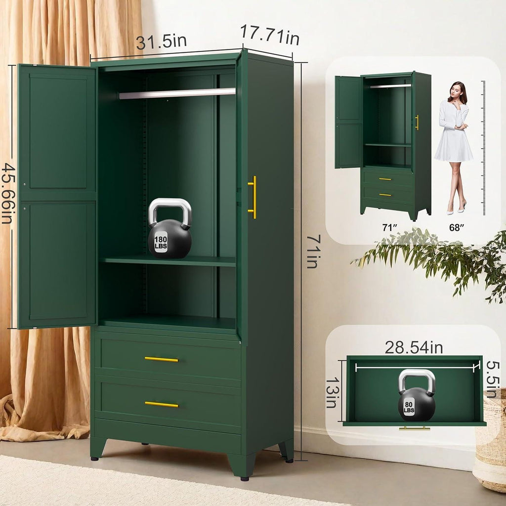 Heavy Duty Metal Wardrobe Cabinet, 71" Tall, Hanging Rod, Adjustable Shelves, 2 Drawers