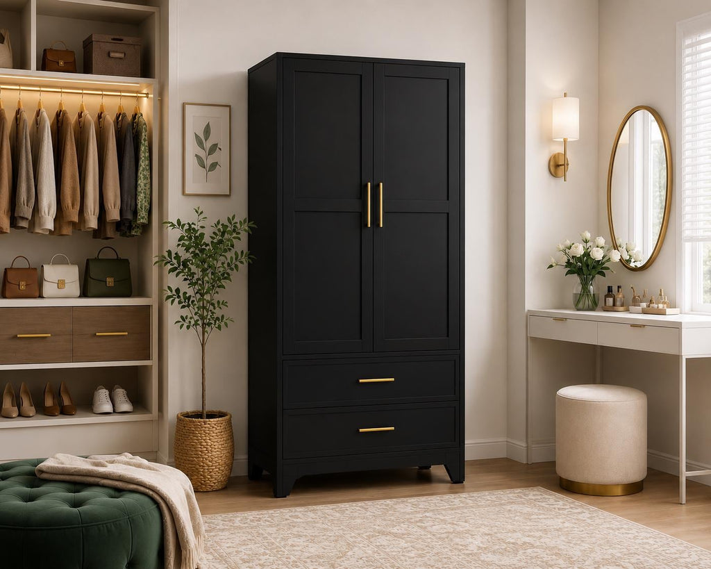 Heavy Duty Metal Wardrobe Cabinet, 71" Tall, Hanging Rod, Adjustable Shelves, 2 Drawers