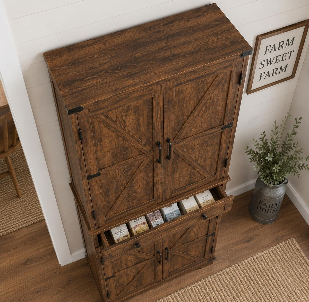 71” Rustic Farmhouse Pantry Cabinet, 4 Door Kitchen Storage Cabinet with Adjustable Shelves,