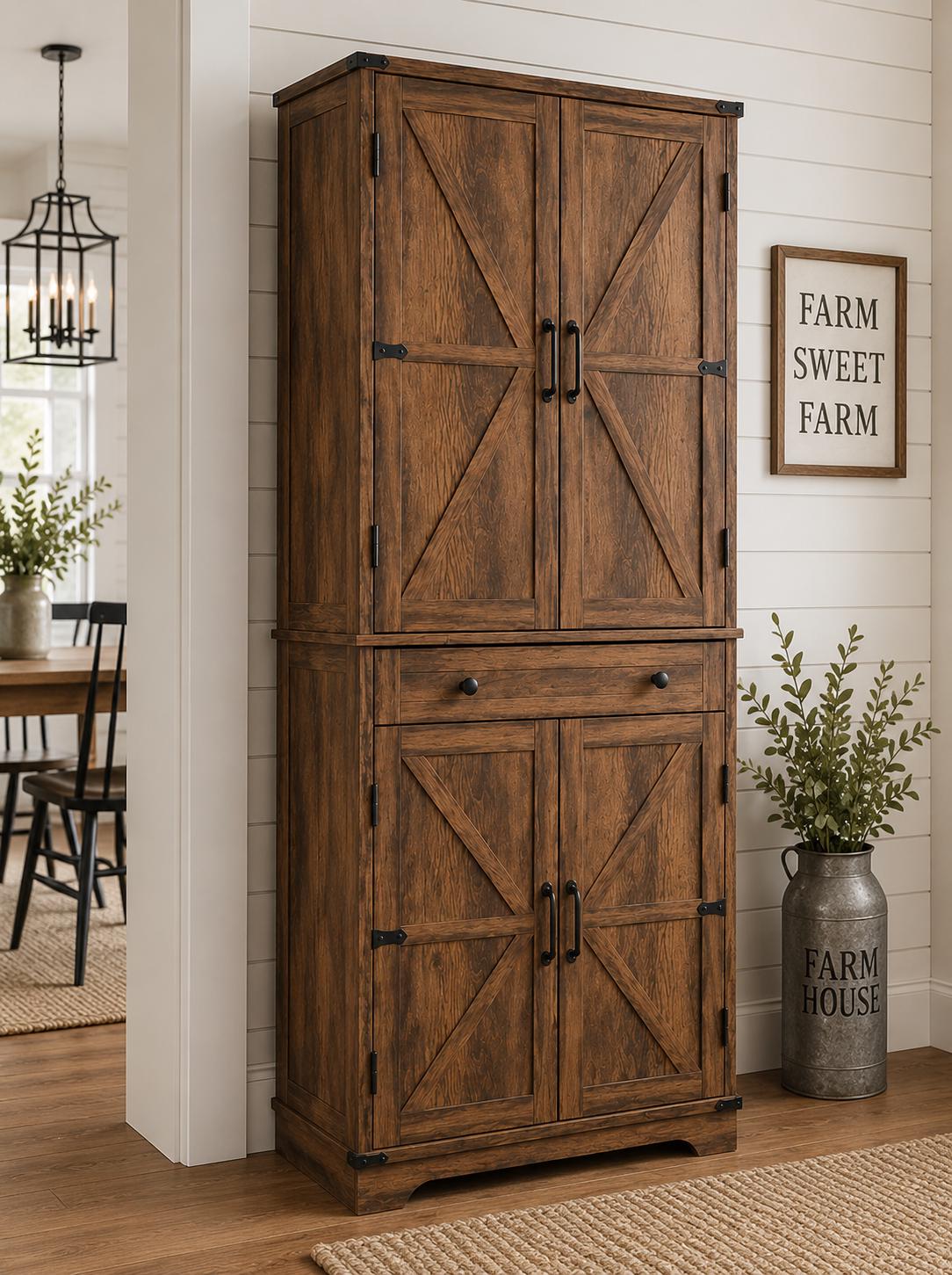 71” Rustic Farmhouse Pantry Cabinet, 4 Door Kitchen Storage Cabinet with Adjustable Shelves,