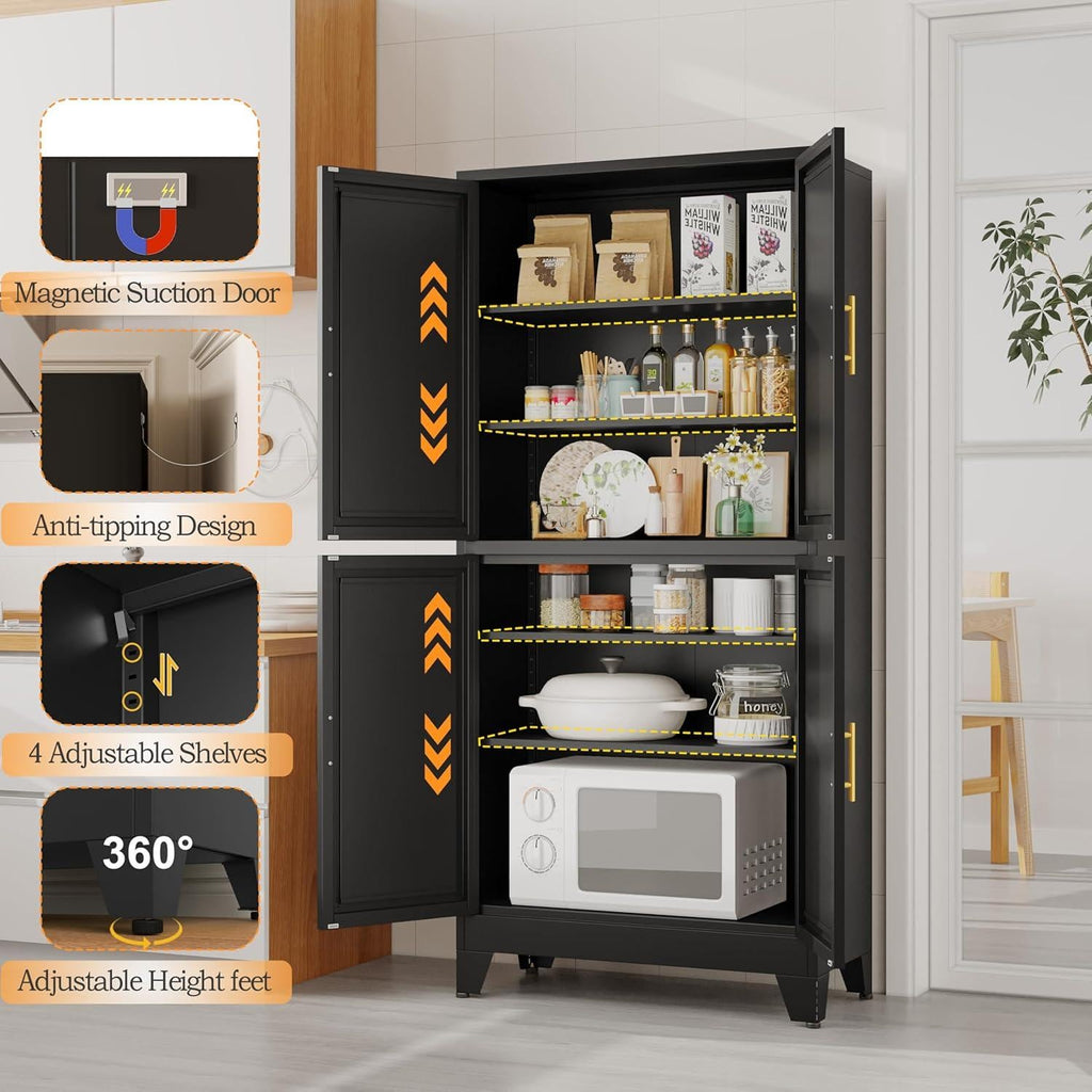 Tall Freestanding Storage Cabinet, 2 Doors, 5 Adjustable Shelves, Steel Construction