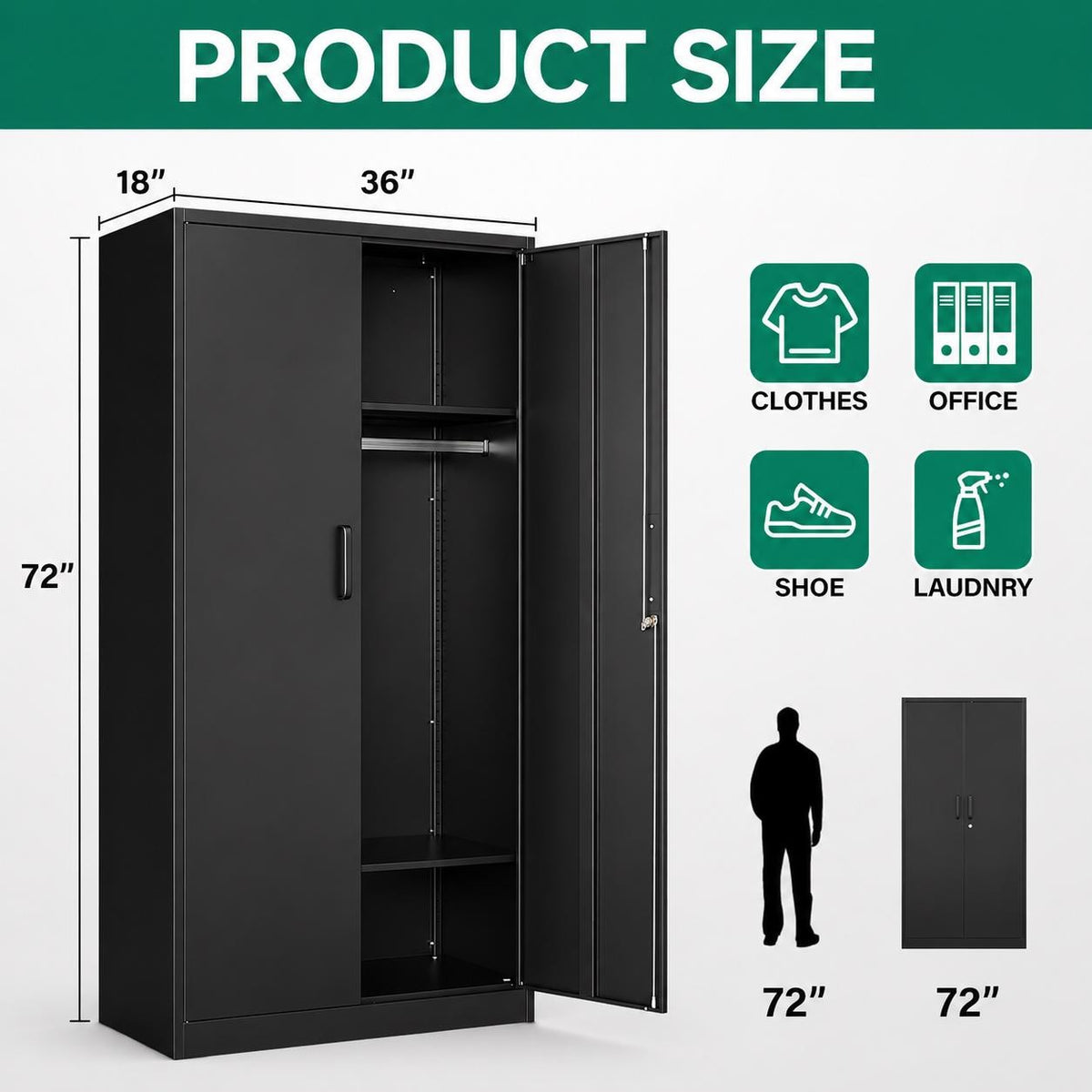 Heavy Duty Metal Wardrobe Cabinet with Hanging Rod & Adjustable Shelves, 72" Tall Steel Storage Closet,