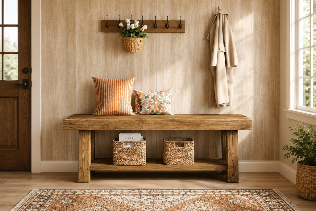 Solid Wood Entryway Bench, 2-Tier Storage, Armhouse Style Indoor Bench