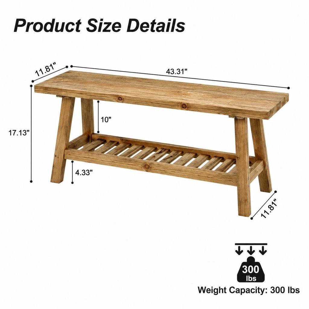 Farmhouse Rustic Wood Dining Table & Chairs with Shelves, Entryway Shoe Bench and Bedside Bench