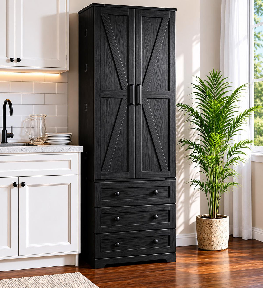 Farmhouse Pantry Cabinet – Barn Doors, Drawers, 72" Tall Storage Solution