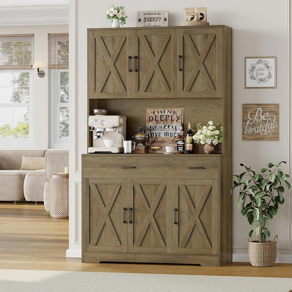 HOSTACK 71" Farmhouse Pantry Cabinet with Charging Station, Microwave Stand & Storage Drawers, Rustic Brown