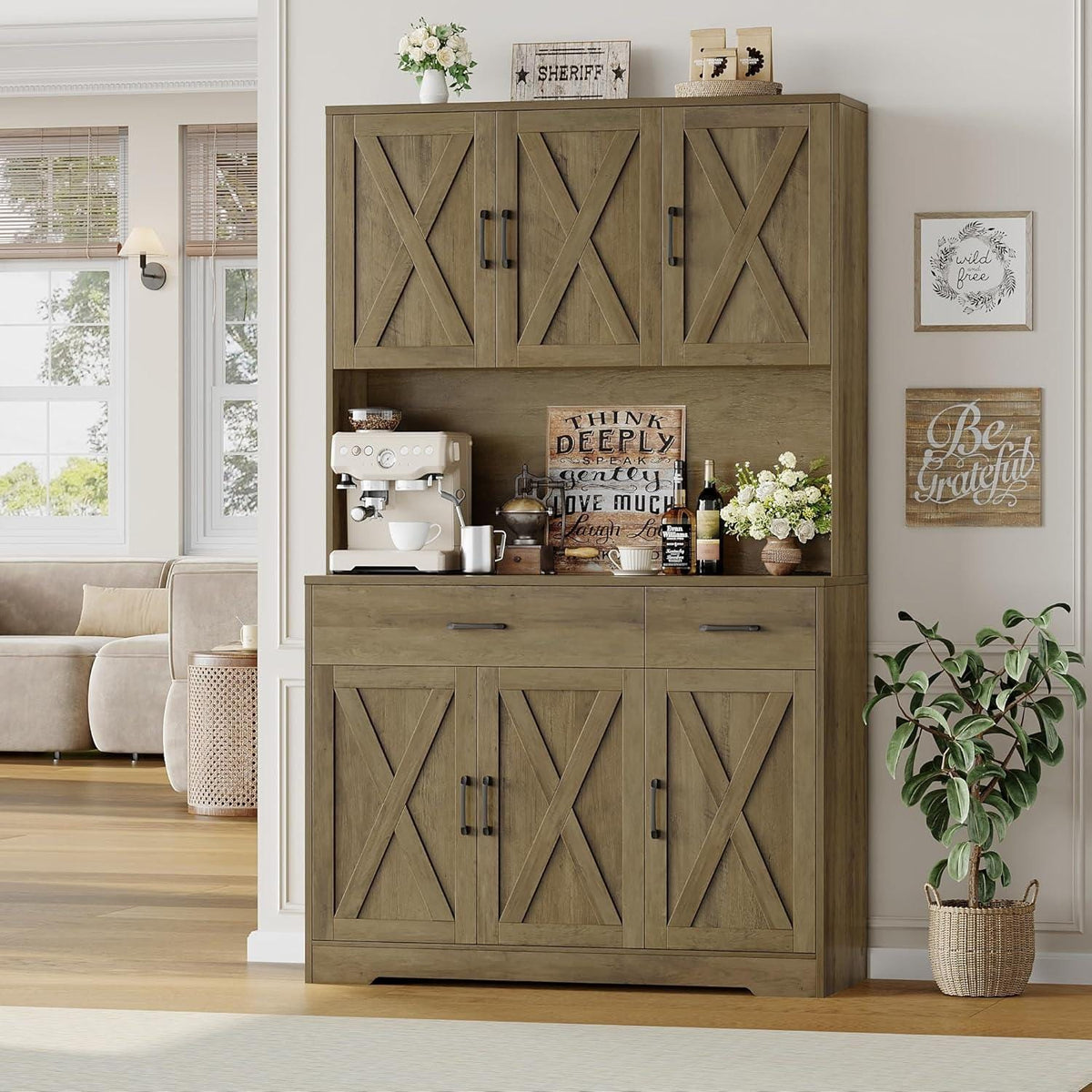 HOSTACK 71" Farmhouse Pantry Cabinet with Charging Station, Microwave Stand & Storage Drawers, Rustic Brown