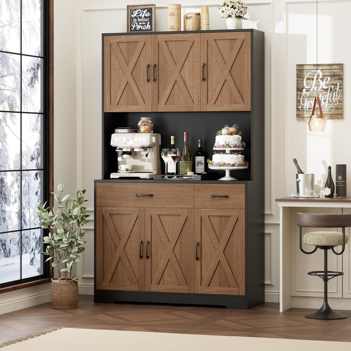 HOSTACK 71" Farmhouse Pantry Cabinet with Charging Station, Microwave Stand & Storage Drawers, Rustic Brown