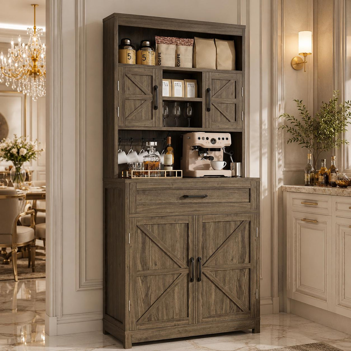 Farmhouse Pantry Cabinet, Barn Doors, Coffee Bar Station, Freestanding Storage Organizer