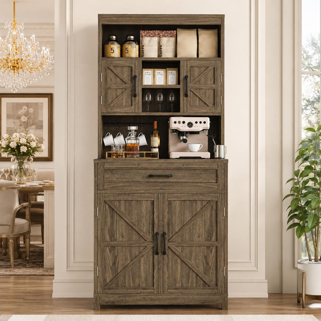 Farmhouse Pantry Cabinet, Barn Doors, Coffee Bar Station, Freestanding Storage Organizer