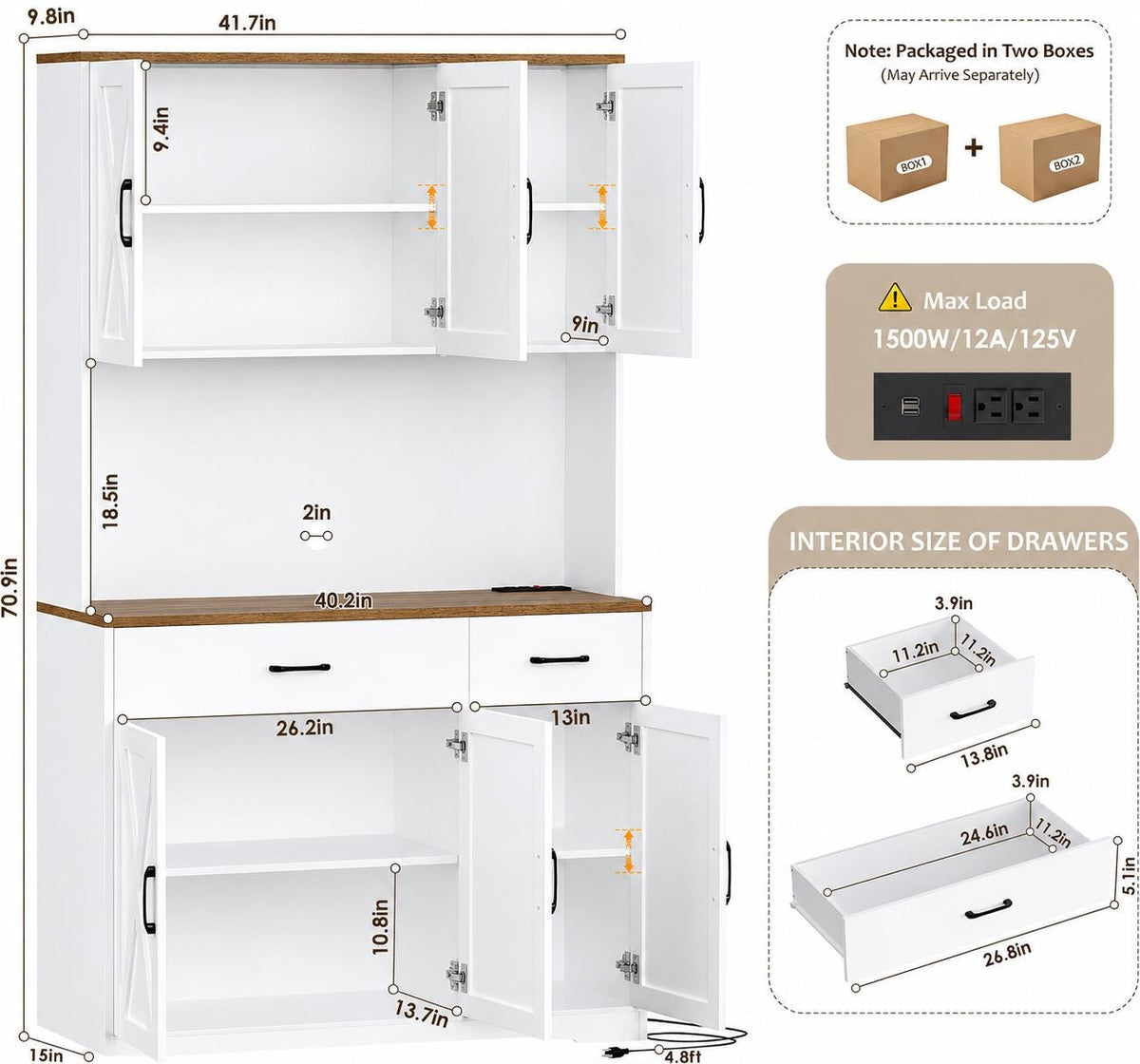 HOSTACK 71" Farmhouse Pantry Cabinet with Charging Station, Microwave Stand & Storage Drawers, Rustic Brown