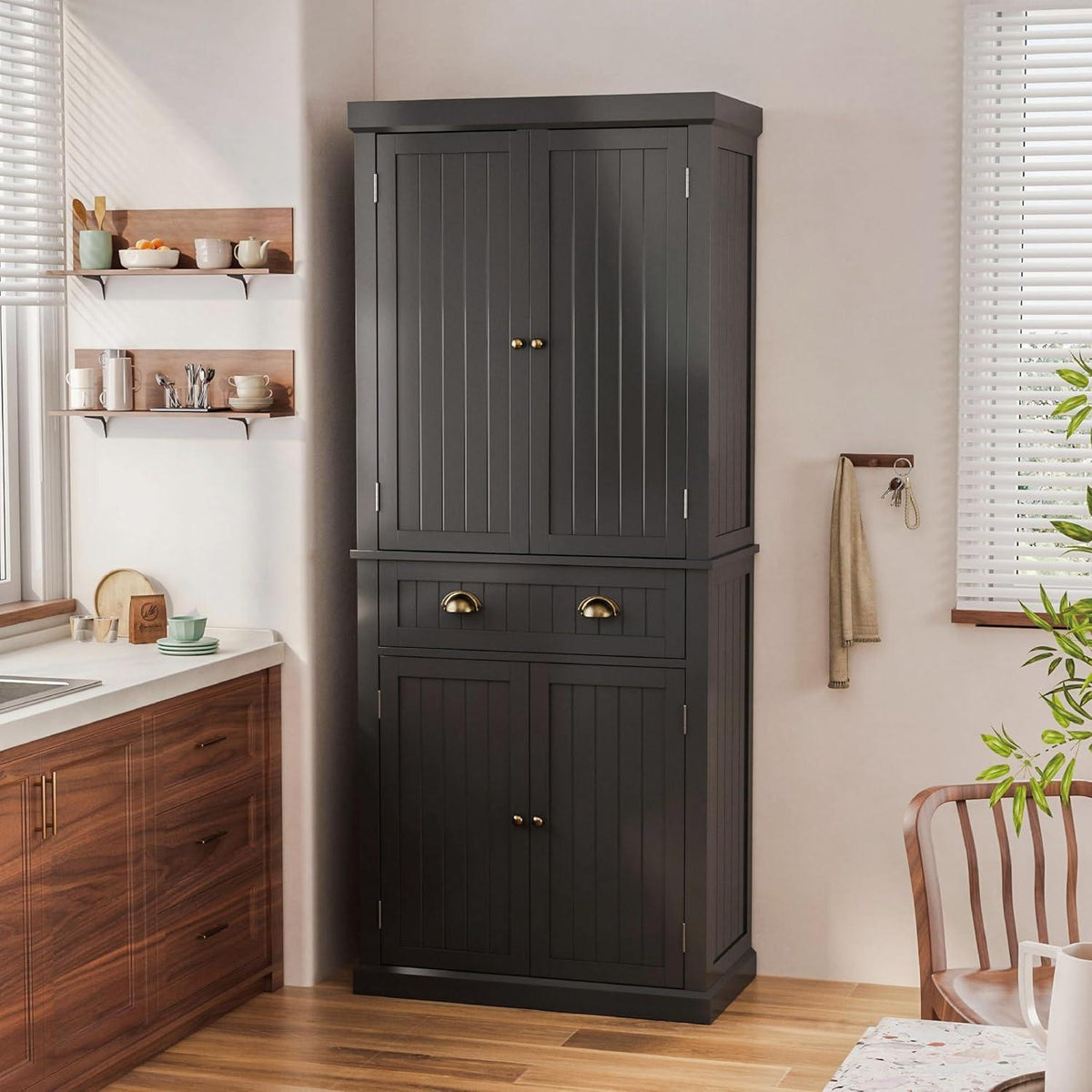 72" Farmhouse Pantry Cabinet with Doors & Shelves, Tall Freestanding Storage Cabinet, Turquoise Blue