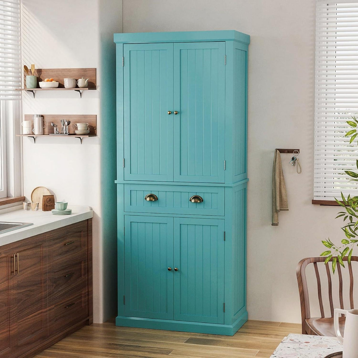 72" Farmhouse Pantry Cabinet with Doors & Shelves, Tall Freestanding Storage Cabinet, Turquoise Blue
