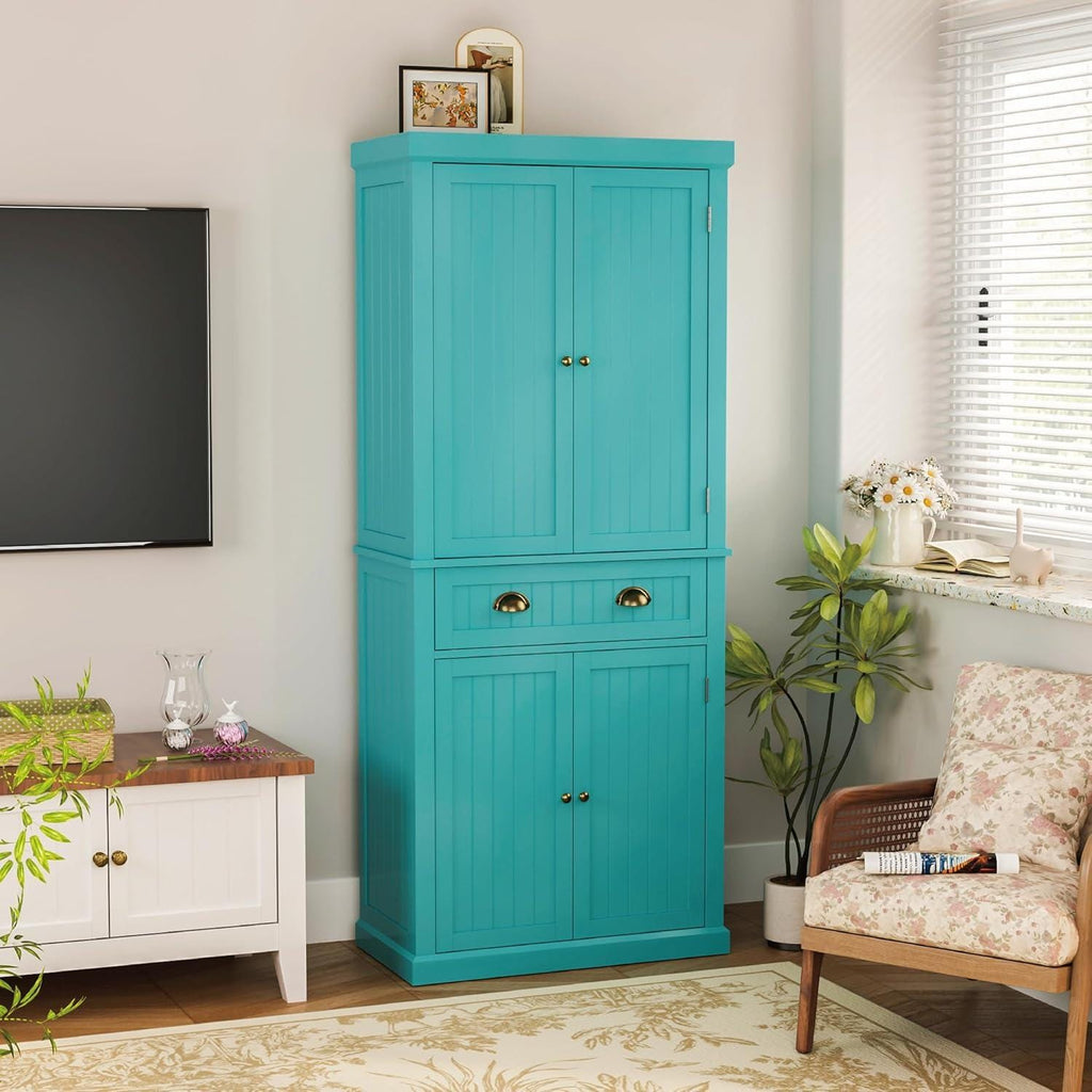 72" Farmhouse Pantry Cabinet with Doors & Shelves, Tall Freestanding Storage Cabinet, Turquoise Blue