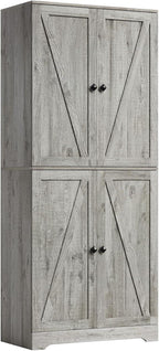 Farmhouse Pantry Cabinet, 72" Tall, 4 Barn Doors, Grey Wood Grain Storage