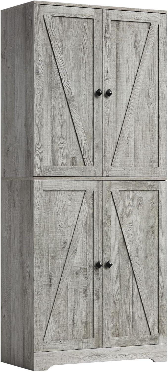 Farmhouse Pantry Cabinet, 72" Tall, 4 Barn Doors, Grey Wood Grain Storage