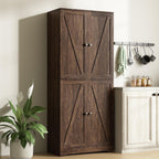 Farmhouse Pantry Cabinet, 72" Tall, 4 Barn Doors, Grey Wood Grain Storage