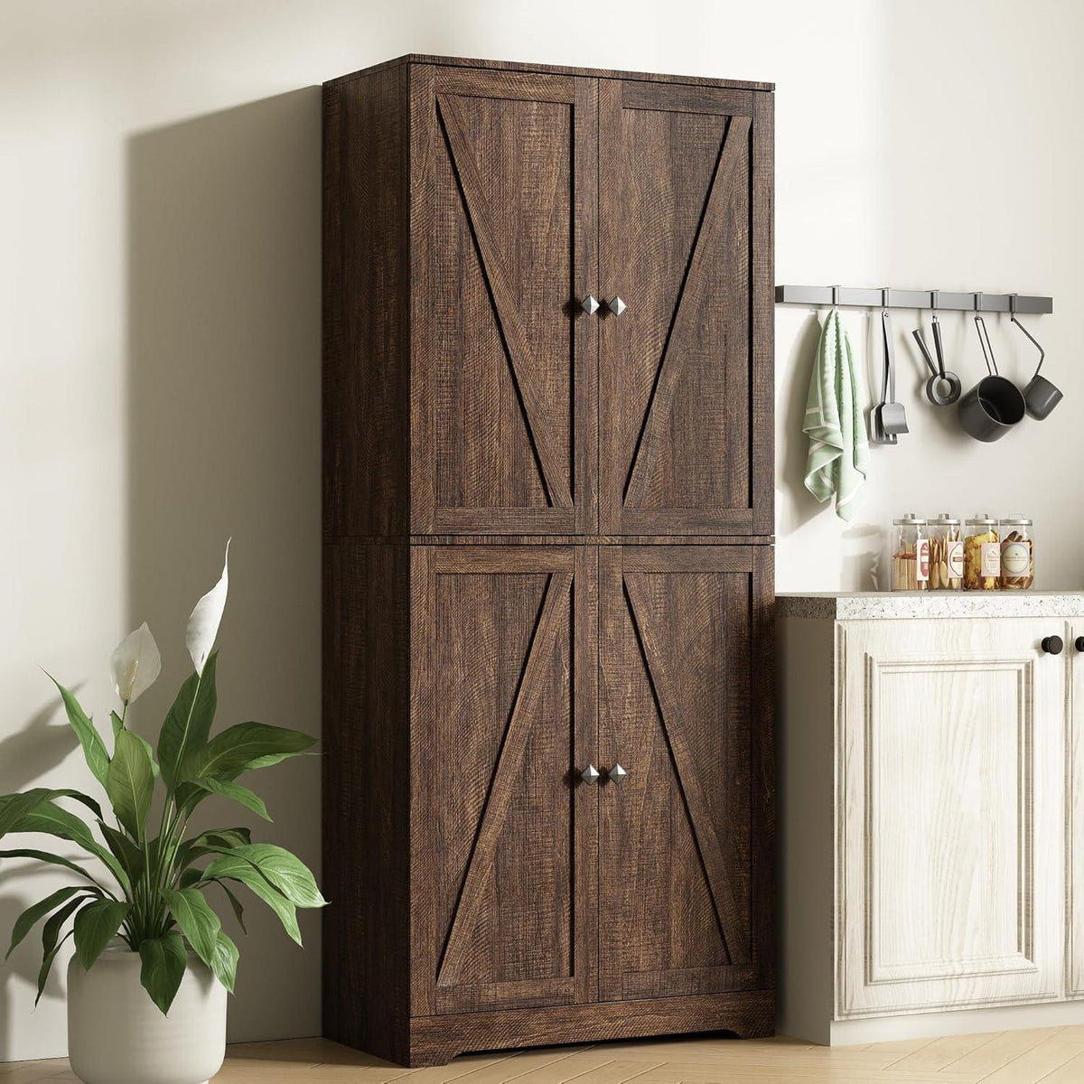 Farmhouse Pantry Cabinet, 72" Tall, 4 Barn Doors, Grey Wood Grain Storage