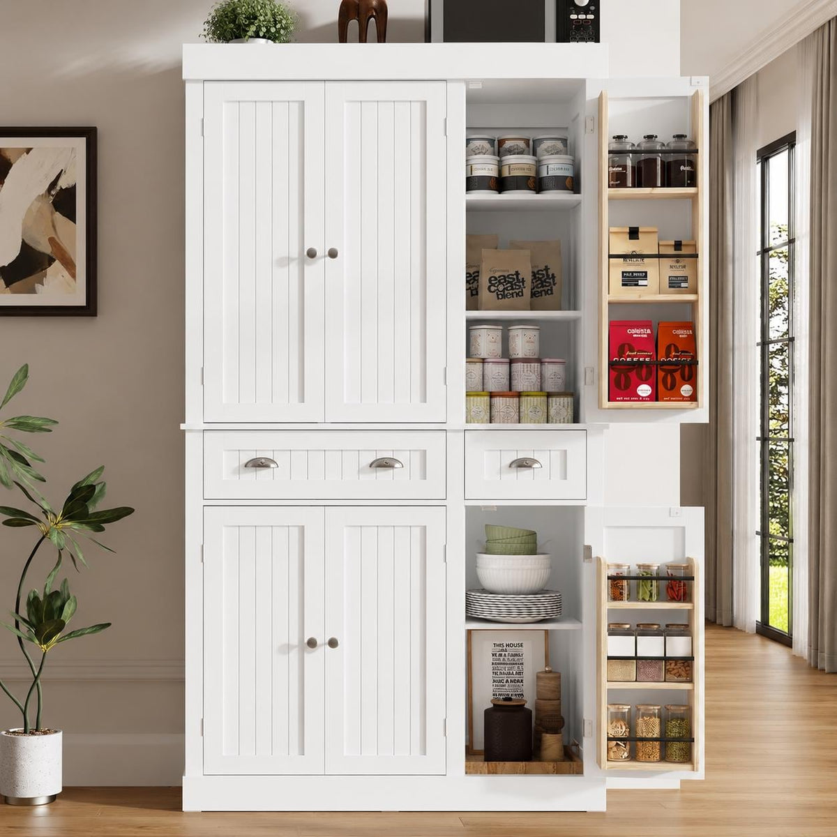 Modern 71” Tall Kitchen Pantry Storage Cabinet with Drawers & Door Shelves