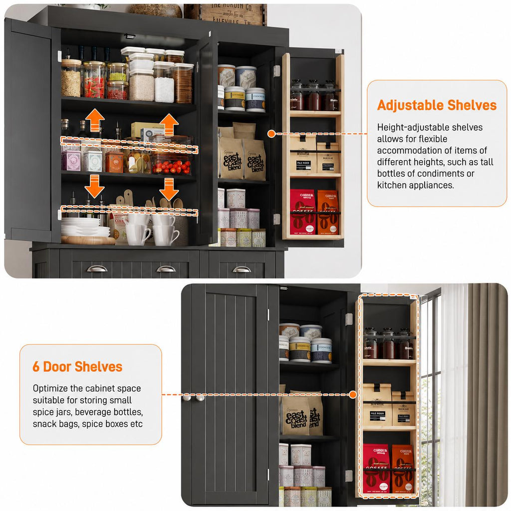 Modern 71” Tall Kitchen Pantry Storage Cabinet with Drawers & Door Shelves